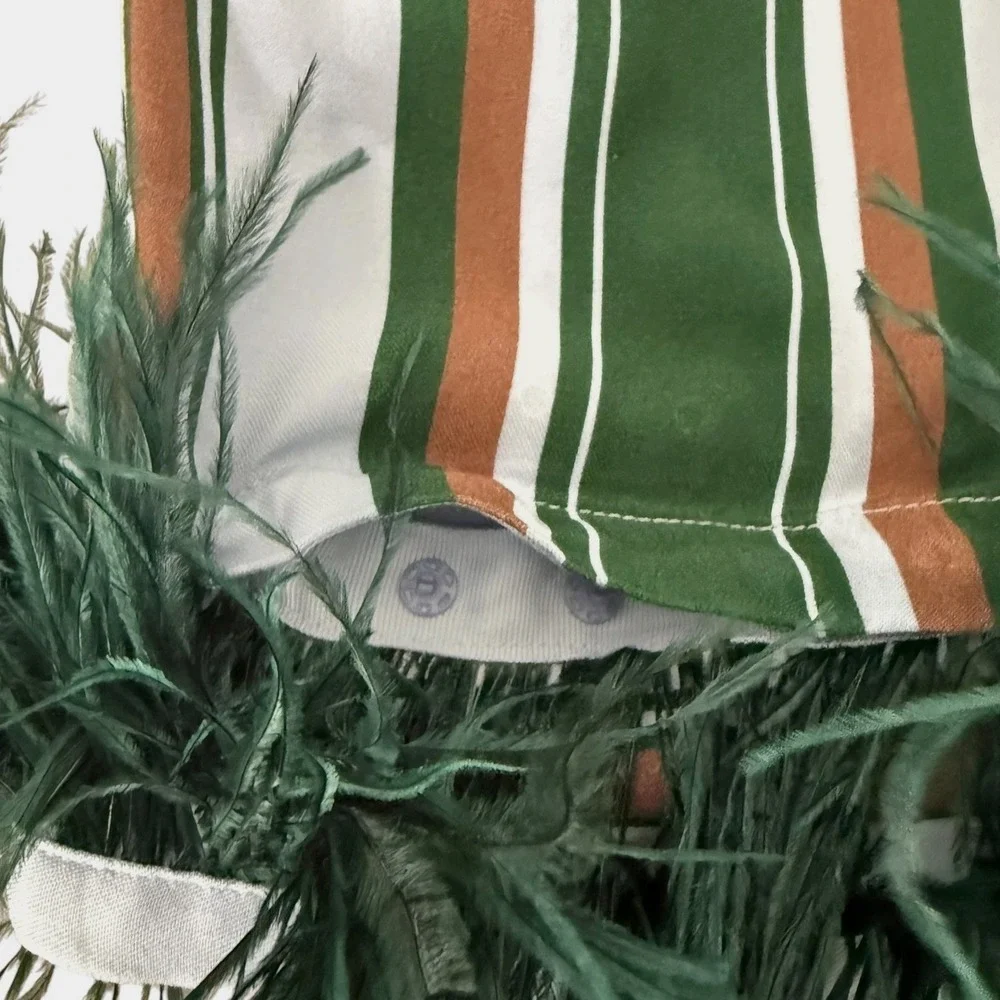 Sleeper Pajama Set Women Small Blue Green Striped Ostrich Feather Trim 2 Piece